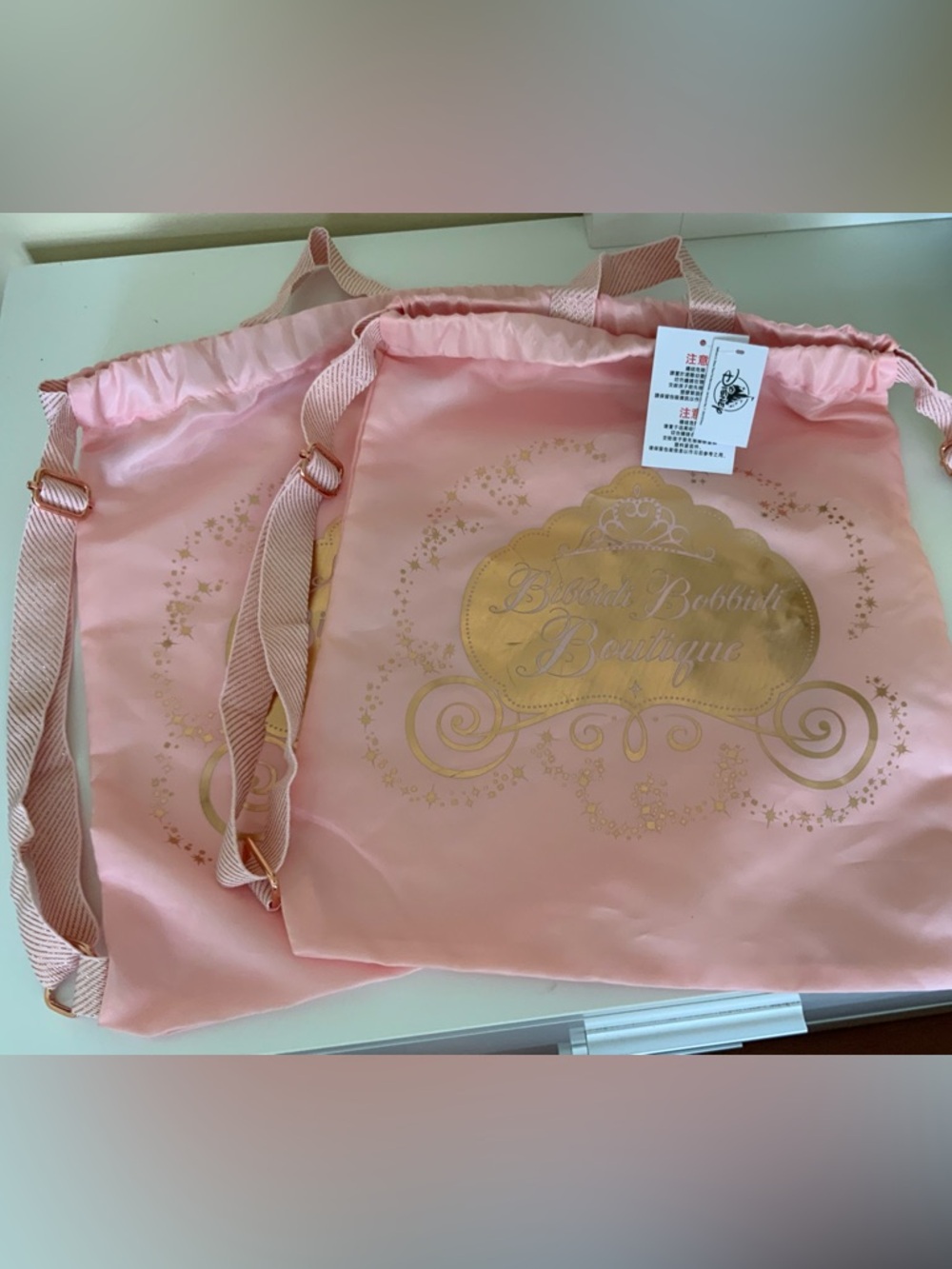 (2) Disney Bag Pink Bibbidi Bobbidi Boutique Drawstring Backpack Bag Cinderella